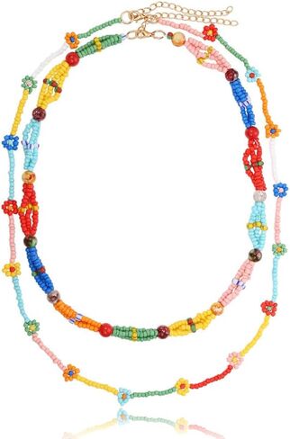 INNERDIVA قلادة مطرزة ملونة بوهو قوس قزح مطرز قلادة متعددة الألوان الطبقات قلادة بوهيميا زهرة ملونة in Kuwait