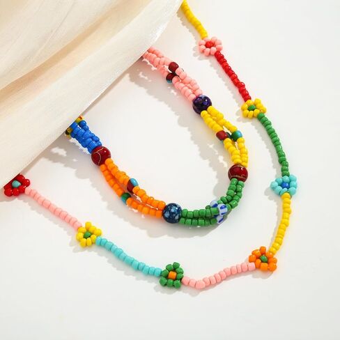 INNERDIVA قلادة مطرزة ملونة بوهو قوس قزح مطرز قلادة متعددة الألوان الطبقات قلادة بوهيميا زهرة ملونة in Kuwait