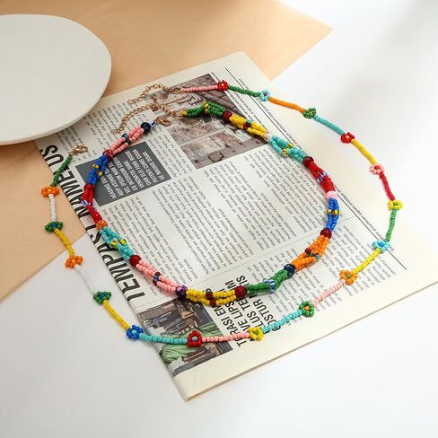 INNERDIVA قلادة مطرزة ملونة بوهو قوس قزح مطرز قلادة متعددة الألوان الطبقات قلادة بوهيميا زهرة ملونة in Kuwait