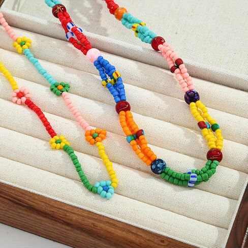 INNERDIVA قلادة مطرزة ملونة بوهو قوس قزح مطرز قلادة متعددة الألوان الطبقات قلادة بوهيميا زهرة ملونة in Kuwait