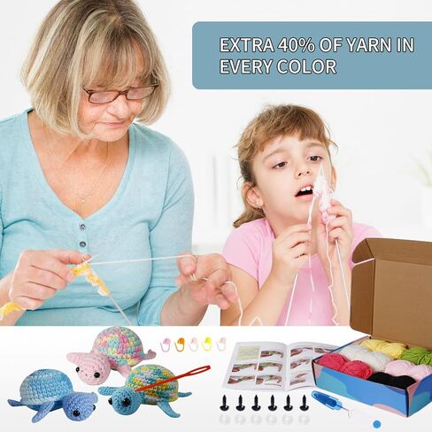 Talentree Crochet Kit for Beginners, Crochet Animal Kit with Step-by-Step Video Tutorials, Beginner Crochet Kit for Adults Kids, Crochet Starter Kit Includes 40% Extra Yarn(Turtle Family 3 Pack) in Saudi Arabia