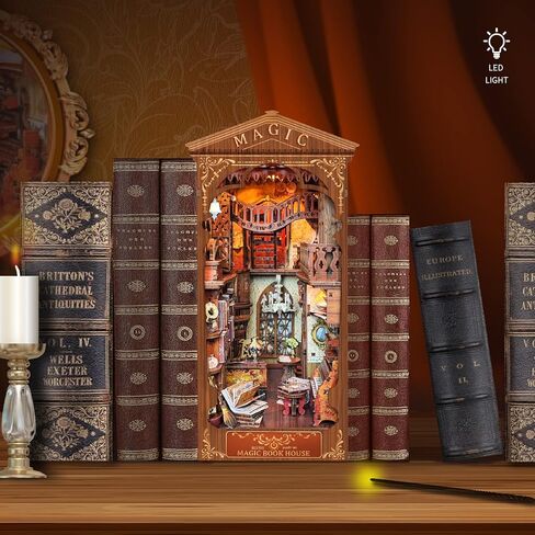 Book Nook Kit DIY Dollhouse Book Nook Bookshelf Insert Decor,Creative 3D Wooden Puzzle Bookend,DIY Wooden Bookends Model Build-Creativity Kit with LED Light for Youth and Adult in Saudi Arabia