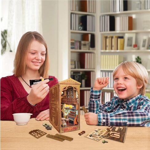 Book Nook Kit DIY Dollhouse Book Nook Bookshelf Insert Decor,Creative 3D Wooden Puzzle Bookend,DIY Wooden Bookends Model Build-Creativity Kit with LED Light for Youth and Adult in Saudi Arabia