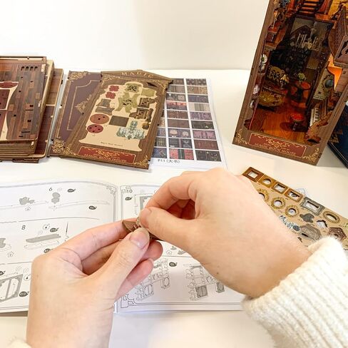 Book Nook Kit DIY Dollhouse Book Nook Bookshelf Insert Decor,Creative 3D Wooden Puzzle Bookend,DIY Wooden Bookends Model Build-Creativity Kit with LED Light for Youth and Adult in Saudi Arabia