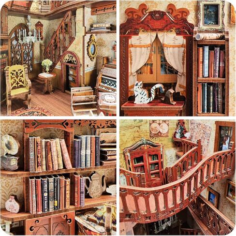 Book Nook Kit DIY Dollhouse Book Nook Bookshelf Insert Decor,Creative 3D Wooden Puzzle Bookend,DIY Wooden Bookends Model Build-Creativity Kit with LED Light for Youth and Adult in Saudi Arabia