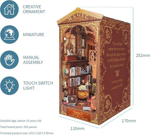Book Nook Kit DIY Dollhouse Book Nook Bookshelf Insert Decor,Creative 3D Wooden Puzzle Bookend,DIY Wooden Bookends Model Build-Creativity Kit with LED Light for Youth and Adult in Saudi Arabia
