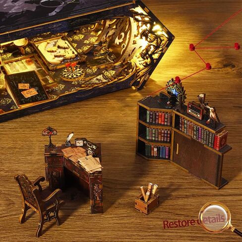 Naygergame DIY Book Nook Kit, Bookshelf Decor Kit with LED Light，3D Wooden Puzzle，Bookend Stand DIY Miniature Dollhouse Kit Gifts for Adults(Detective Agency with Dust Proof) in Saudi Arabia