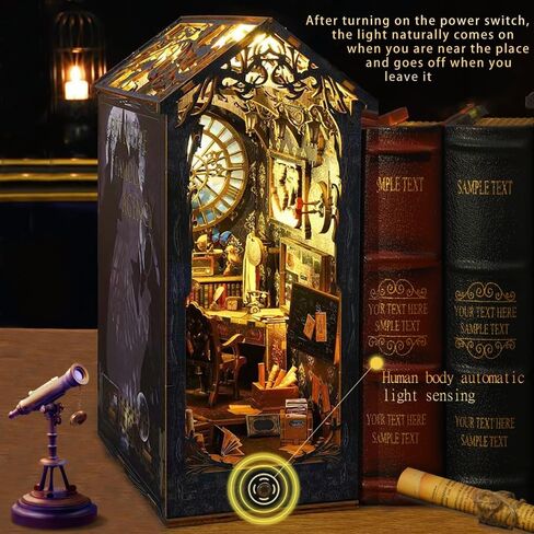 Naygergame DIY Book Nook Kit, Bookshelf Decor Kit with LED Light，3D Wooden Puzzle，Bookend Stand DIY Miniature Dollhouse Kit Gifts for Adults(Detective Agency with Dust Proof) in Saudi Arabia