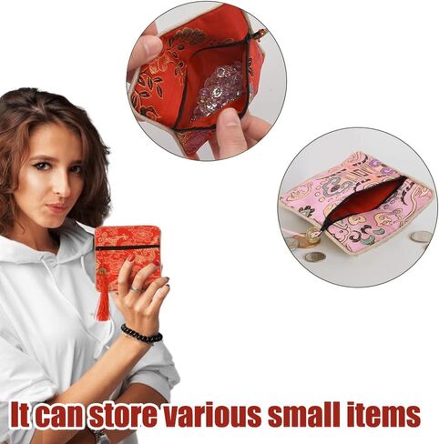 VIOCIWUO مجوهرات الحرير محفظة بروكيد حقيبة الحرير سستة حقيبة 24 قطعة مطرزة عملة محفظة مجوهرات الحقيبة المحفظة للنساء الفتيات السنة الجديدة الربيع مهرجان in Kuwait