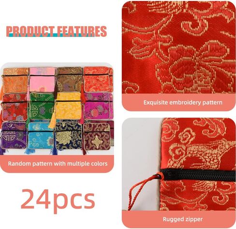 VIOCIWUO مجوهرات الحرير محفظة بروكيد حقيبة الحرير سستة حقيبة 24 قطعة مطرزة عملة محفظة مجوهرات الحقيبة المحفظة للنساء الفتيات السنة الجديدة الربيع مهرجان in Kuwait