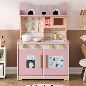 مطبخ اللعب الخشبي للأعمار من 3 إلى 8 أطفال، مجموعة لعب مطبخ بتصميم قطة مع ميكروويف وموقد وحوض ومقابض النقر، لعبة تظاهر للأطفال للأولاد والبنات، باللون الأبيض in Kuwait