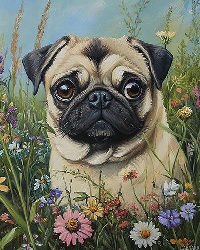 LAENAKR Paint by Numbers for Adults Pug Dog, Paint by Numbers Kit on Canvas for Beginners, Garden Meadows Oil Painting Set Craft Supplies, 16" W x 20" L in Saudi Arabia