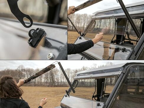 SuperATV Heavy Duty Scratch Resistant 3-in-1 Flip Down Windshield Compatible With Kawasaki Mule Pro FXT / FX / DXT / DX (2015+) - Switch Between Full, Flip, and Half Windshield | USA Made in Saudi Arabia