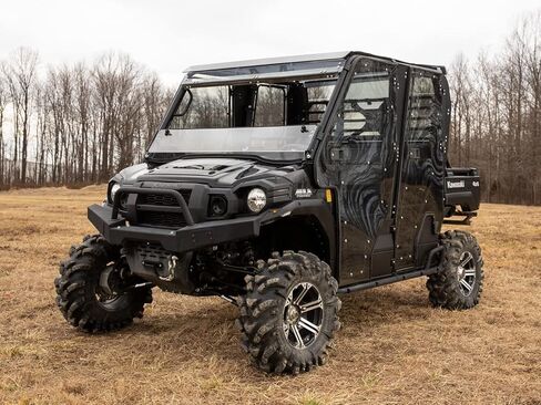 SuperATV Heavy Duty Scratch Resistant 3-in-1 Flip Down Windshield Compatible With Kawasaki Mule Pro FXT / FX / DXT / DX (2015+) - Switch Between Full, Flip, and Half Windshield | USA Made in Saudi Arabia