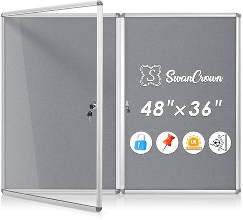 SWANCROWN Enclosed Bulletin Board 36x24 in, Tamperproof Lockable Grey Felt Board Wall Display Case for Office School Home, Aluminum Frame in Kuwait