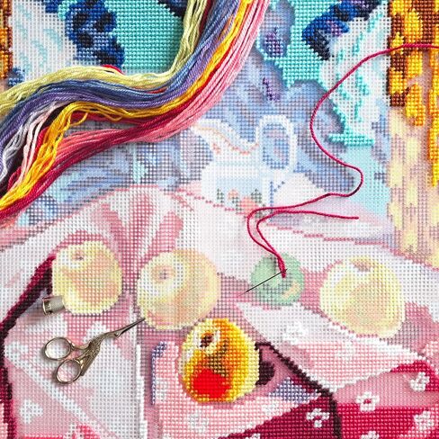 Brvsk Fauvist Stamped Cross-Stitch Kit for Adults and Beginners — Still Life with Apples on Pink Cloth by Henri Matisse 16″ × 16″ with Clear, Precise Printed Design on Cotton Canvas in Saudi Arabia