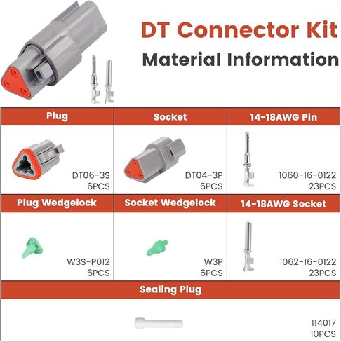GKG DTK3-1 3 Pin Deutsch Connector Kit، 6 مجموعات DT Deutsch Connector 3 Pin، رمادي مقاوم للماء موصلات الأسلاك الكهربائية مع 23 زوجًا مقاس 16 جهات اتصال مختومة 14-18AWG للمحرك والشاحنة والقارب، إلخ in Kuwait