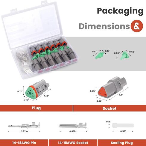 GKG DTK3-1 3 Pin Deutsch Connector Kit، 6 مجموعات DT Deutsch Connector 3 Pin، رمادي مقاوم للماء موصلات الأسلاك الكهربائية مع 23 زوجًا مقاس 16 جهات اتصال مختومة 14-18AWG للمحرك والشاحنة والقارب، إلخ in Kuwait