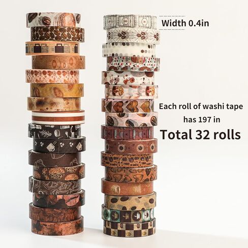 32 Rolls Washi Tape Set,Vintage Coffee Themed Decorative Tape Retro Brown Watercolor Cafe Masking Tape for Journaling Supplies,Junk Journal, Scrapbooking,Planner,DIY Arts & Crafts Supplies in Saudi Arabia