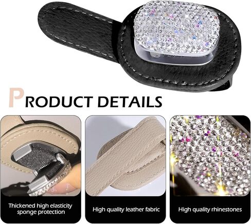 Sunglasses Holders for Car Sun Visor, Bling Magnetic Leather Glasses Holder, Multifunctional Leather Storage Organizer, Fashionable Diamond-encrusted Decoration, Durable Accessory for All (Beige) in Saudi Arabia