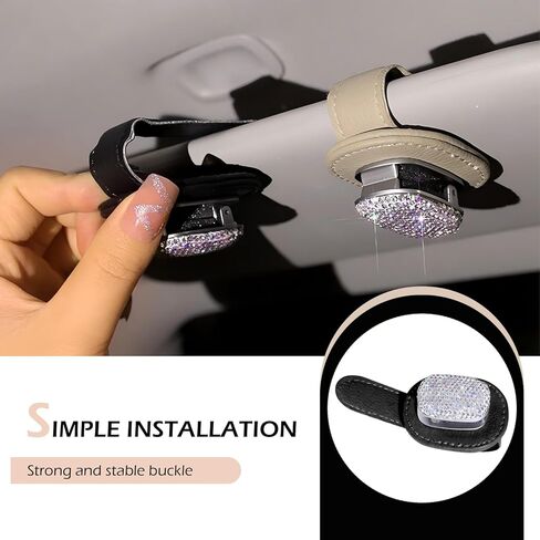 Sunglasses Holders for Car Sun Visor, Bling Magnetic Leather Glasses Holder, Multifunctional Leather Storage Organizer, Fashionable Diamond-encrusted Decoration, Durable Accessory for All (Beige) in Saudi Arabia