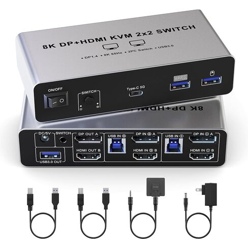 USB 3.0 Displayport+HDMI KVM Switch 2 Monitors 4 Computers, 4K@60Hz KVM Switch Dual Monitor 4 PC with 3 USB 3.0 Ports and Audio Microphone, 4 Port HDMI+DP Monitor Switch for 4 PC 2 Monitors in Saudi Arabia