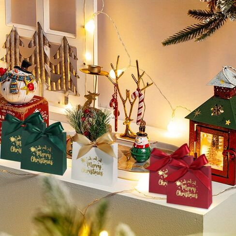 10pcs Mini Christmas Gift Boxes with Ribbon - Festive Red & Green 'Merry Christmas' Design for Candy, Chocolates & Small Presents - Ideal for Holiday Decor, Party Favors & Stocking Stuffers in Saudi Arabia