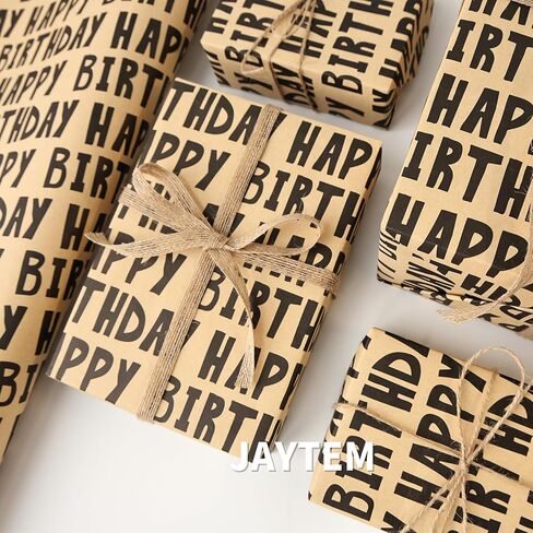 JAYTEM Kraft Birthday Wrapping Paper, 6 Sheets Gift Wrapping Paper-27.5 X 19.6 Inches Per Sheet, Classic Black Lettering Design Pattern For Men, Women, Boys in Saudi Arabia