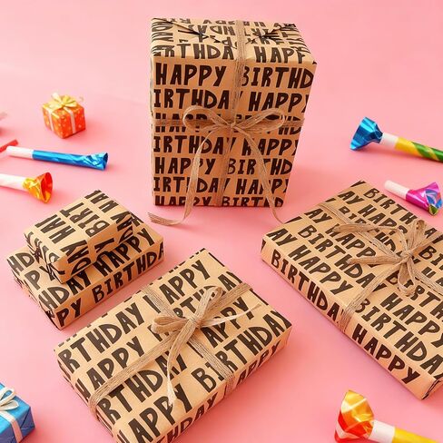 JAYTEM Kraft Birthday Wrapping Paper, 6 Sheets Gift Wrapping Paper-27.5 X 19.6 Inches Per Sheet, Classic Black Lettering Design Pattern For Men, Women, Boys in Saudi Arabia