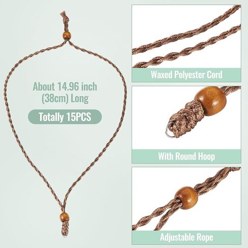 Beadthoven 15pcs حبل قلادة مشمع الحبل للرجال النساء قابل للتعديل مضفر الحبل القلائد سلسلة خمر البوهيمي حبل سلسلة قلادة مع حلقة معدنية لقلادة شنقا صنع المجوهرات DIY البني in Kuwait