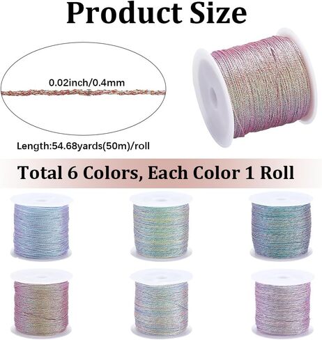 6 Rolls 328 Yards 0.4MM Metallic Cord Tinsel Rope Multicolor Christmas Embroidery Thread Polyester Glitter String Bulk for Jewelry Making Hand Sewing Crafts Bracelet Beading Necklaces DIY in Saudi Arabia