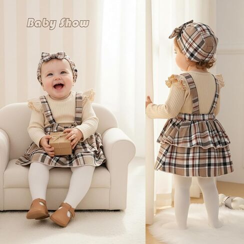 طقم تنورة بحمالات منقوشة وأكمام مكشكشة للأطفال الرضع في الخريف، فستان بطبقات مع قبعة in Kuwait