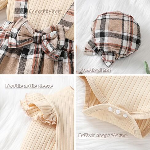 طقم تنورة بحمالات منقوشة وأكمام مكشكشة للأطفال الرضع في الخريف، فستان بطبقات مع قبعة in Kuwait