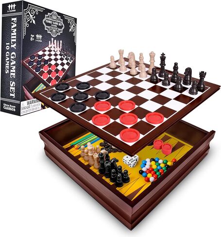 Elbow Room Games Family Game Set, 10 Classic Games with Wooden Storage Box and Built-in Game Boards, Endless Fun for Game Nights, Gatherings & Travel, 2+ Players in Saudi Arabia