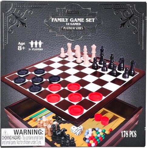 Elbow Room Games Family Game Set, 10 Classic Games with Wooden Storage Box and Built-in Game Boards, Endless Fun for Game Nights, Gatherings & Travel, 2+ Players in Saudi Arabia
