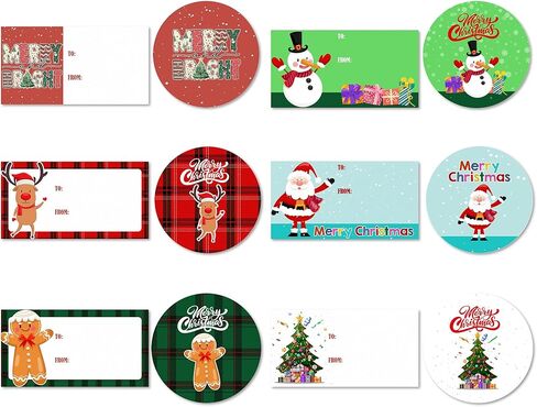 Christmas Stickers 120PCS Set- 60 Rectangle Name Labels & 60 Round Stickers - Self Adhesive Xmas Gift Tags for Presents, Holiday Wrapping, Party Decor - Santa Snowman Reindeer Red Plaid Designs - A02 in Saudi Arabia