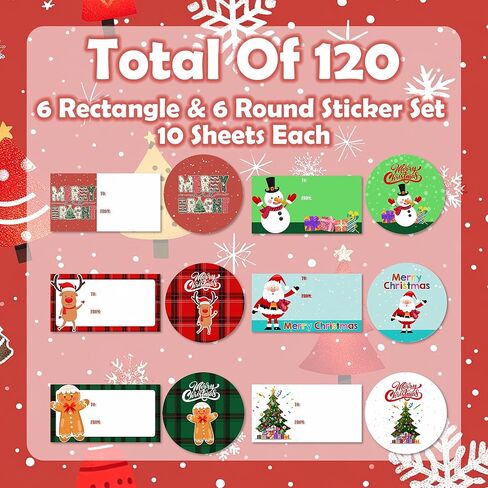 Christmas Stickers 120PCS Set- 60 Rectangle Name Labels & 60 Round Stickers - Self Adhesive Xmas Gift Tags for Presents, Holiday Wrapping, Party Decor - Santa Snowman Reindeer Red Plaid Designs - A02 in Saudi Arabia