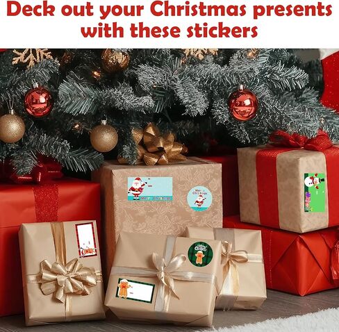 Christmas Stickers 120PCS Set- 60 Rectangle Name Labels & 60 Round Stickers - Self Adhesive Xmas Gift Tags for Presents, Holiday Wrapping, Party Decor - Santa Snowman Reindeer Red Plaid Designs - A02 in Saudi Arabia
