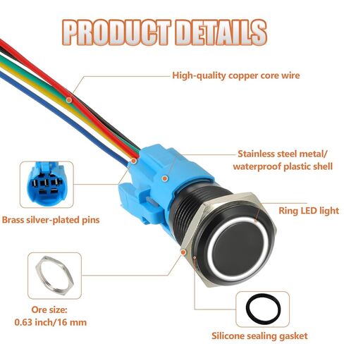مفتاح زر ضغط ذاتي القفل 16 مم 12 فولت تيار مستمر 1NO1NC SPDT مع حلقة LED ضوء مقاوم للماء زر تشغيل وإيقاف لفتحة تركيب 0.63 بوصة مع قابس مقبس سلكي (أبيض) in Kuwait