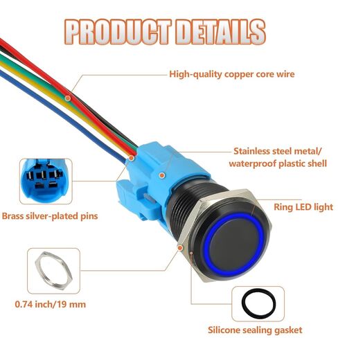 مفتاح زر ضغط ذاتي القفل 16 مم 12 فولت تيار مستمر 1NO1NC SPDT مع حلقة LED ضوء مقاوم للماء زر تشغيل وإيقاف لفتحة تركيب 0.63 بوصة مع قابس مقبس سلكي (أبيض) in Kuwait