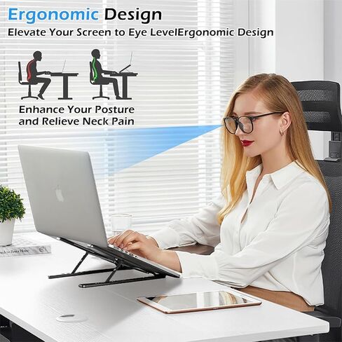 حامل كمبيوتر محمول للمكتب، تصميم مريح، حامل كمبيوتر محمول قابل للطي من الألومنيوم قابل للتعديل مع حقيبة تخزين، حامل كمبيوتر محمول تبريد جيد التهوية لأجهزة الكمبيوتر المحمولة مقاس 10-15.6 بوصة، والأجهزة اللوحية، أسود in Saudi Arabia