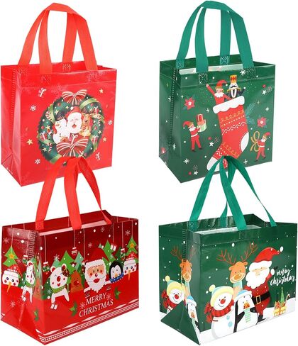 HJUGK Assorted Christmas Gift Bags, Reusable Non-Woven Tote Bags with Handles,Santa Claus, Christmas stockings，Christmas wreath (4 Bags: 2 Large，2 Small) for Holiday Parties in Saudi Arabia