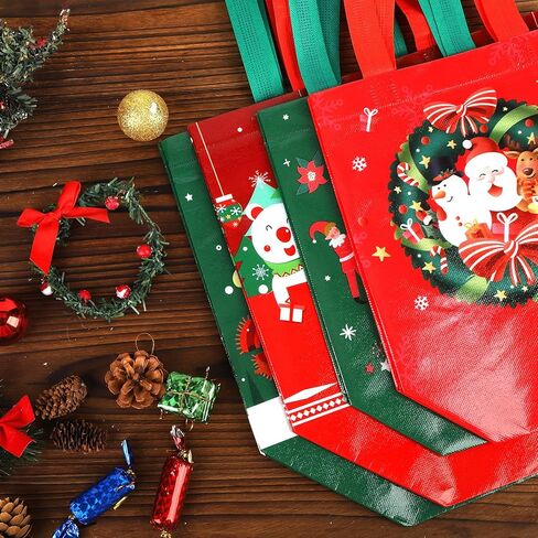 HJUGK Assorted Christmas Gift Bags, Reusable Non-Woven Tote Bags with Handles,Santa Claus, Christmas stockings，Christmas wreath (4 Bags: 2 Large，2 Small) for Holiday Parties in Saudi Arabia