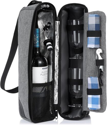 Wine Bag, Wine Cooler Bag for Gift, Wine Bottle Carrier Tote Bag Set Insulated with Cooler Compartment for Travel, Picnic, Beach with Wine Glasses, Wine Opener, Wine Stopper in Saudi Arabia