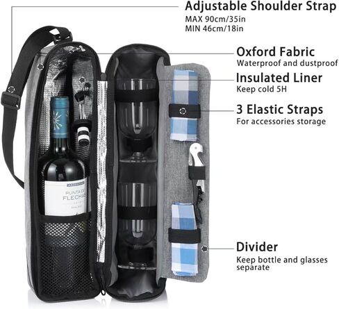 Wine Bag, Wine Cooler Bag for Gift, Wine Bottle Carrier Tote Bag Set Insulated with Cooler Compartment for Travel, Picnic, Beach with Wine Glasses, Wine Opener, Wine Stopper in Saudi Arabia
