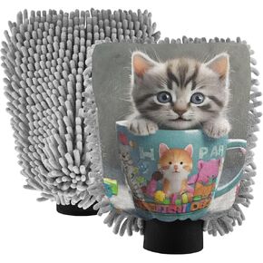 AIXIWAWA Car Wash Mitt Washing Glove Scratch Free Water Absorbent 2 Pack Medium Cat in Cup Print in Kuwait