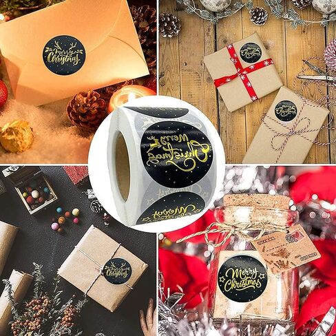 500Pcs Black Hot Stamping, Merry Christmas Circular Stickers, Holiday Gift Packaging, Decorative Gifts, DIY Adhesive Labels, Stickers 25mm in Saudi Arabia