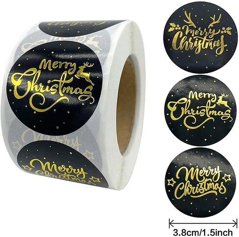 500Pcs Black Hot Stamping, Merry Christmas Circular Stickers, Holiday Gift Packaging, Decorative Gifts, DIY Adhesive Labels, Stickers 25mm in Saudi Arabia