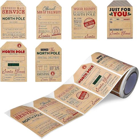 200Pcs Self Adhesive Kraft Christmas Gift Tags, Santa Claus Stickers, Writable Kraft Paper Labels for Xmas Holiday Presents, Envelopes, and Cards - 6 Festive Designs for Christmas Decorations in Saudi Arabia