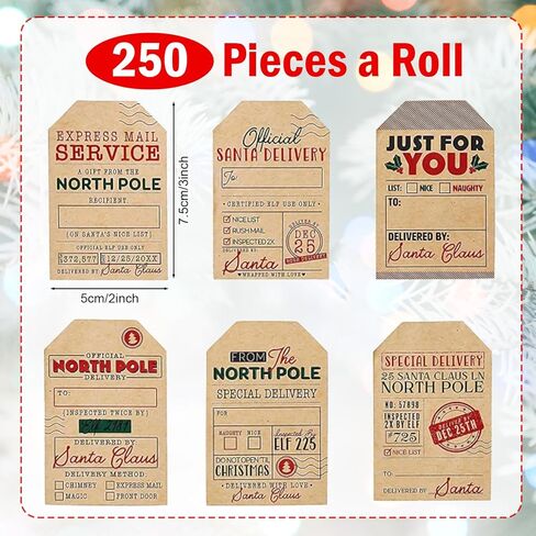 200Pcs Self Adhesive Kraft Christmas Gift Tags, Santa Claus Stickers, Writable Kraft Paper Labels for Xmas Holiday Presents, Envelopes, and Cards - 6 Festive Designs for Christmas Decorations in Saudi Arabia